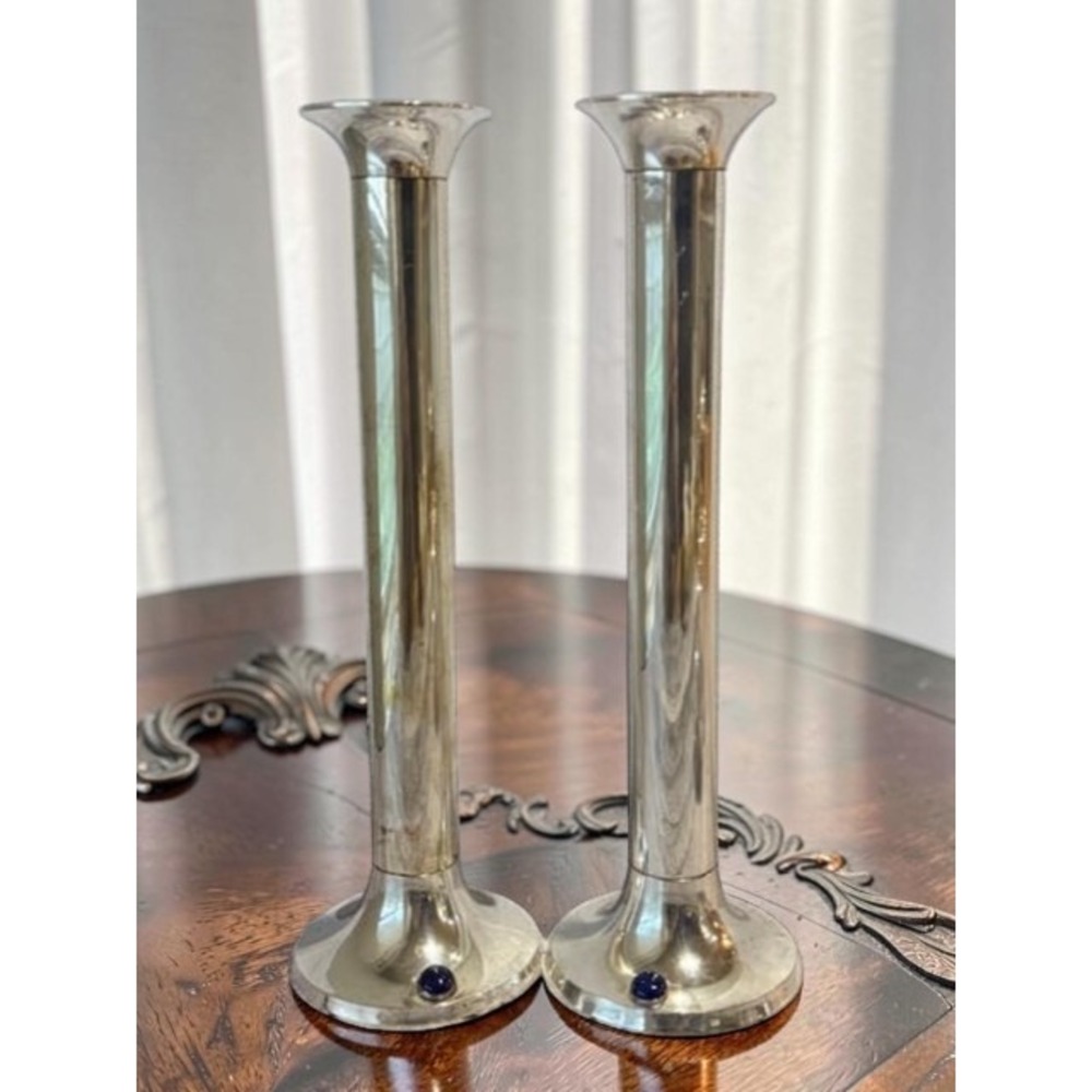 Vintage MCM Silver Plated Cylinder Candle Holders Cabochon Stone Accented Base